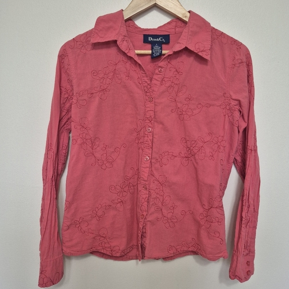 Denim & Co. Pink Floral Embroidered Button Down Shirt – Size S - Picture 1 of 4